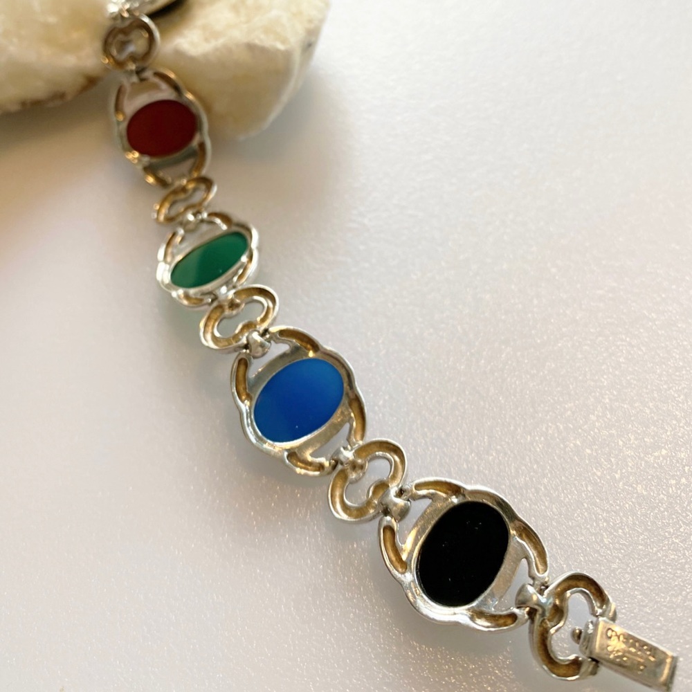 VTG-Sterling Silver 925 Multi Color Onyx, Carnelian & Chalcedony Link Bracelet - Picture 14 of 14